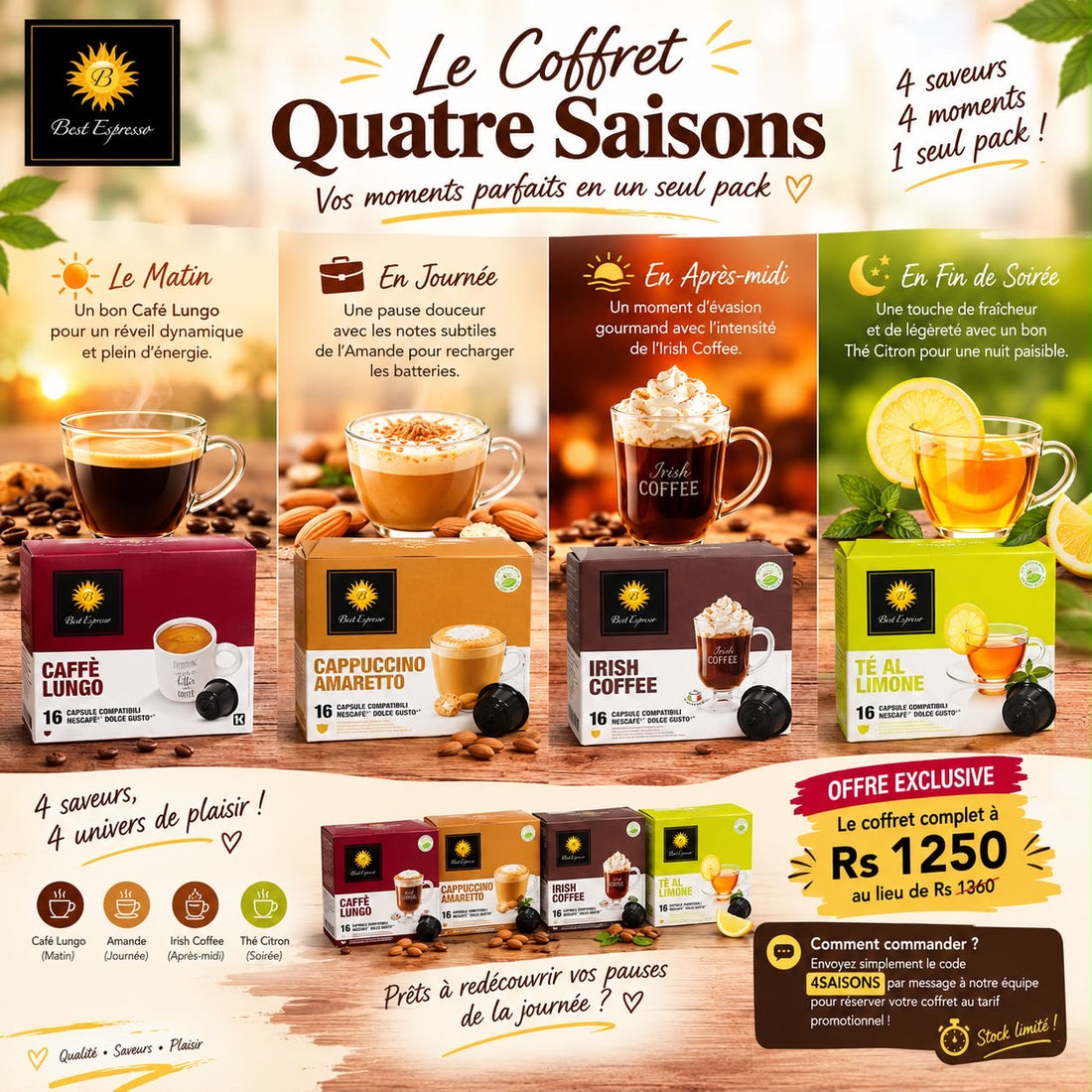 Coffret Quatre Saisons Best Espresso : Café Lungo, Cappuccino Amande, Irish Coffee et Thé Citron
