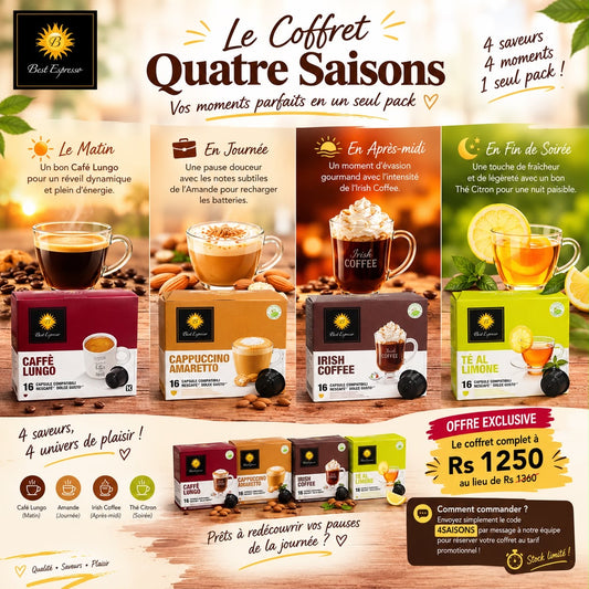 Coffret Quatre Saisons Best Espresso : Café Lungo, Cappuccino Amande, Irish Coffee et Thé Citron